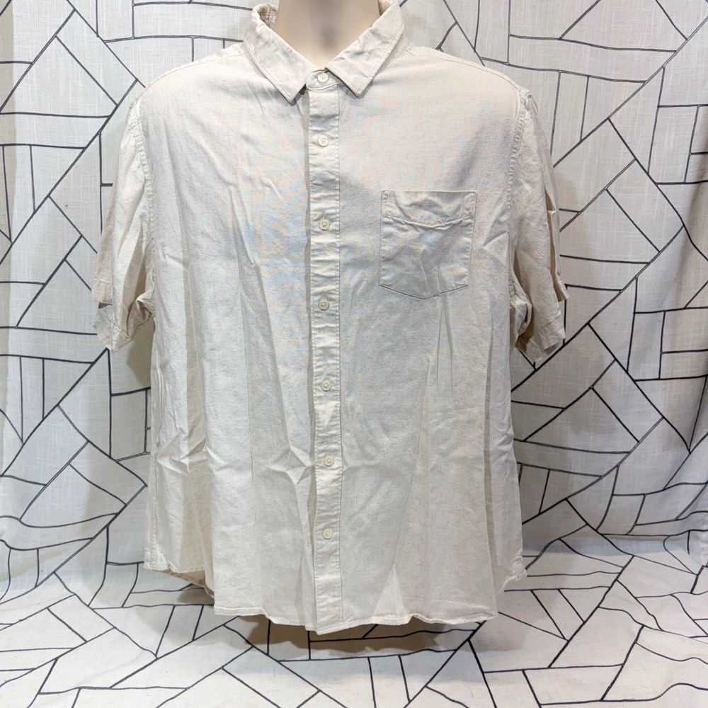 7 Diamonds Button Down Shirt XXL Beige Linen Blend Short Sleeve Casual‎ Pocket